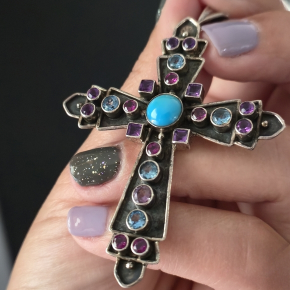 Nicky Butler 925 Sterling Silver Cross Necklace Pendant Turquoise Topaz Vintage - Picture 8 of 16
